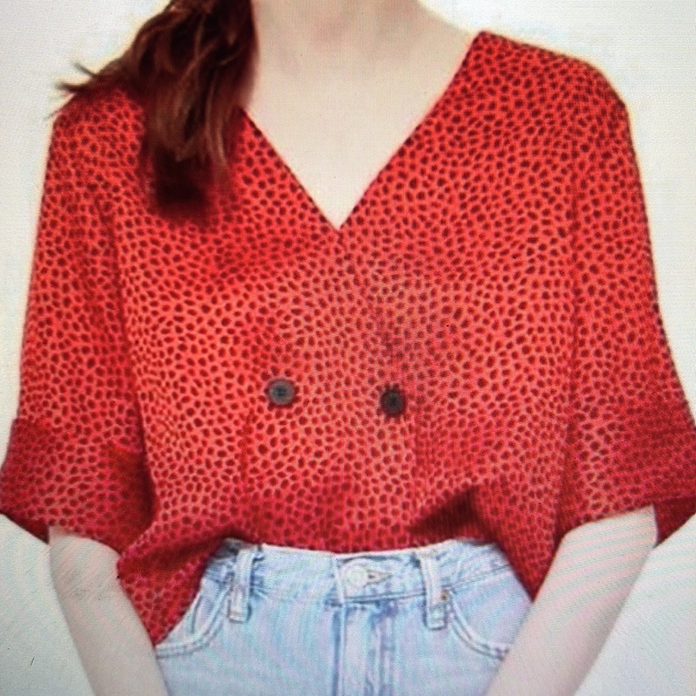 Topshop Red Black Animal Spotted Buttom Satin Short Sleeve Shirt